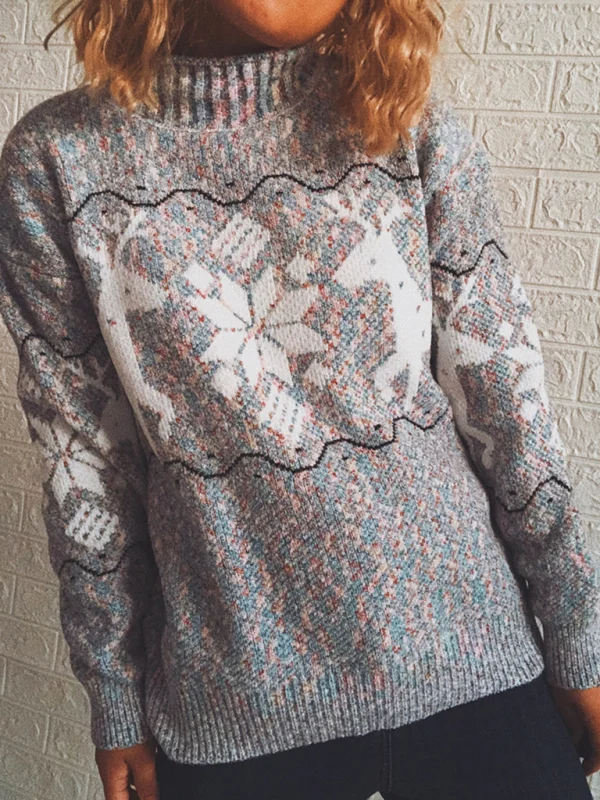 Women's Christmas Sweater Snowflake Fawn Turtleneck Long Sleeve Knit Sweater Flusfy