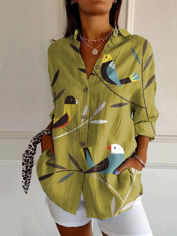 Vintage Bird Art Print Casual Long Sleeve Shirt