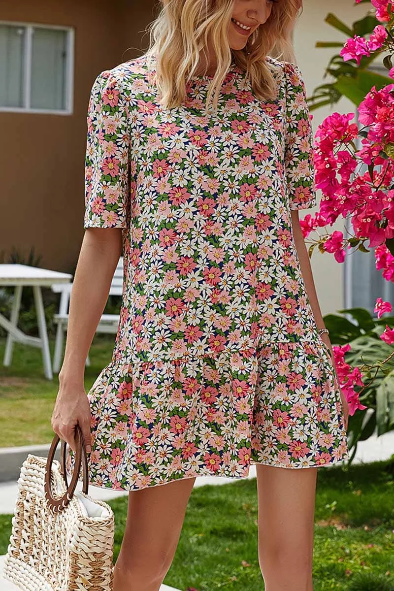 Round Neck Ruffled Floral Dress