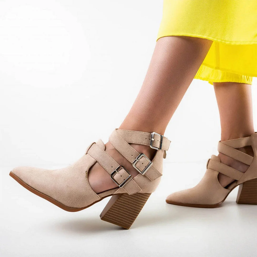 Nude Vegan Suede Pointed Toe Cutout Strappy Buckles Chunky Heels