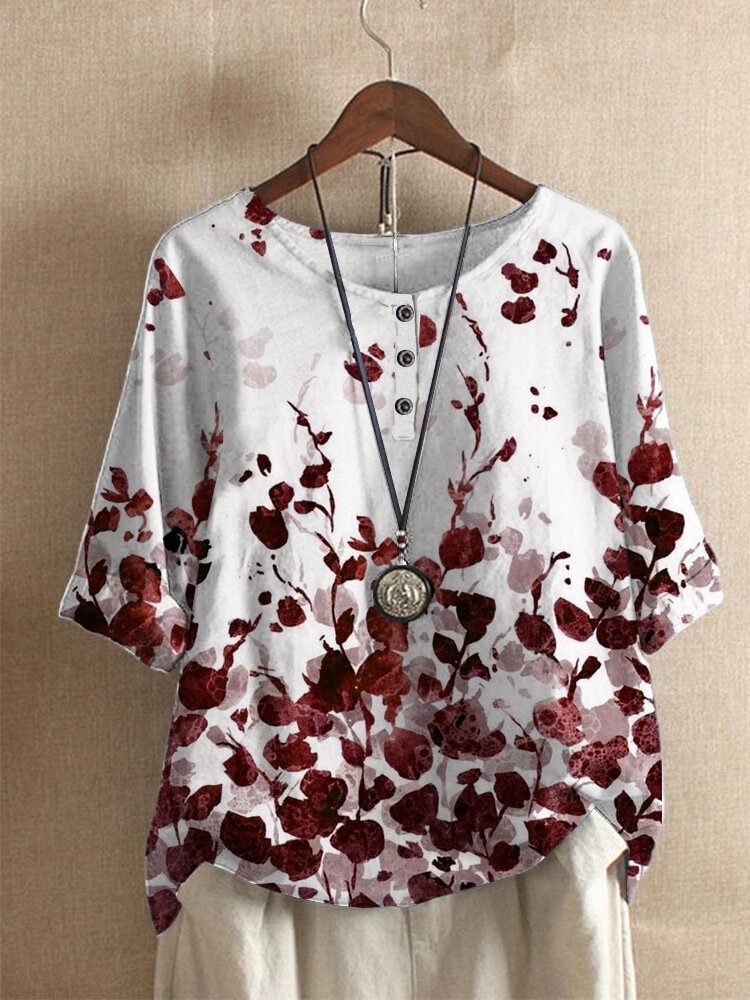 Leaves Print O neck Button Half Sleeve Loose T shirt P1856179