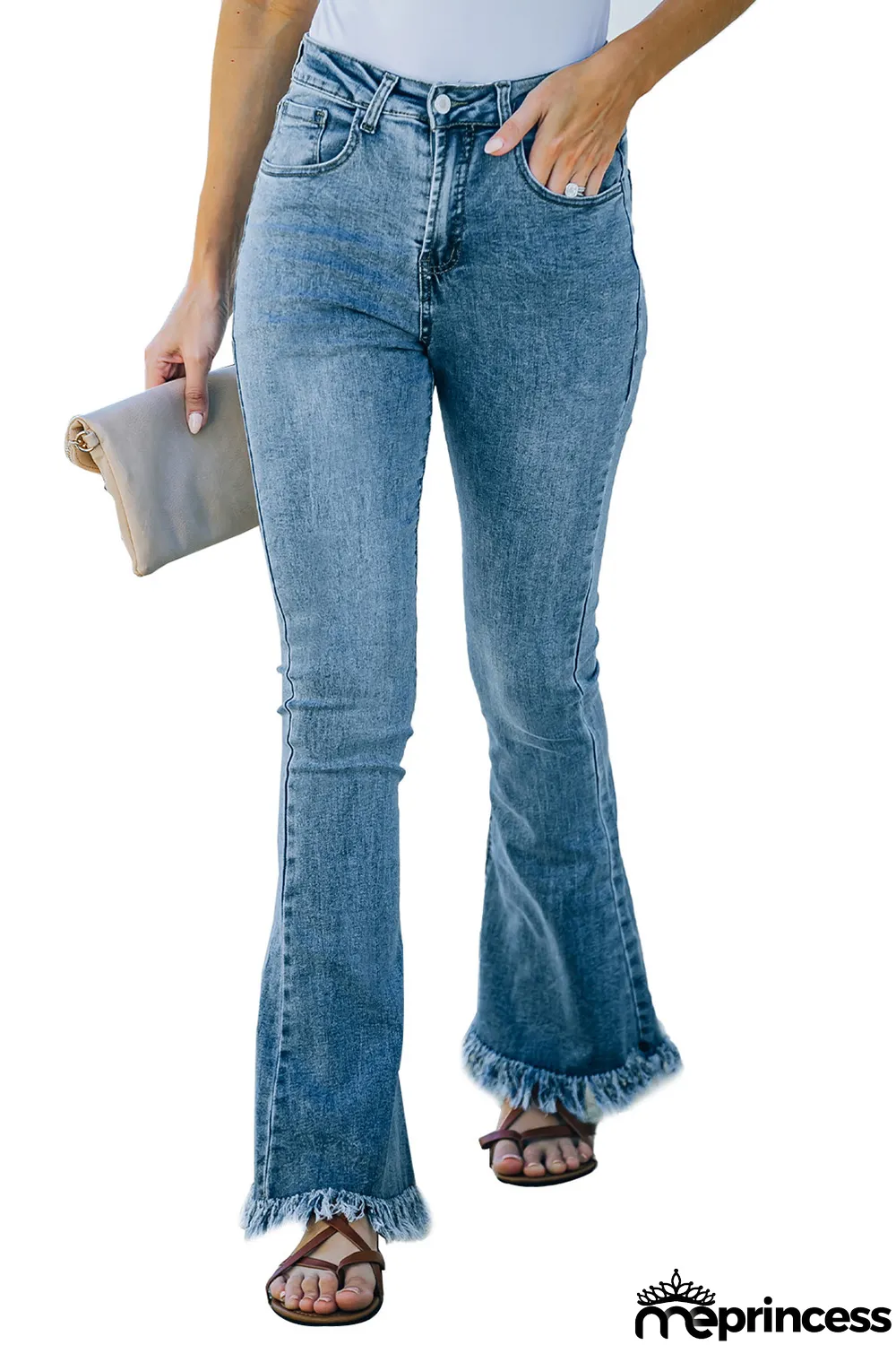 Medium Washed High Waist Flare Jeans with Raw Edges