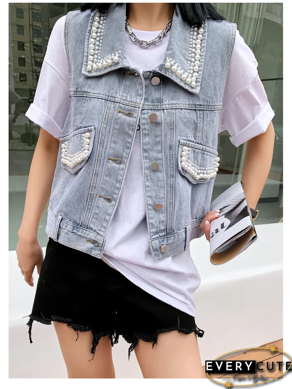 Women Denim Vest Luxury Pearls Fashion Autumn Jeans Cropped Jacket Sleeveless Loose Short Coat Causal Waistcoats Vest