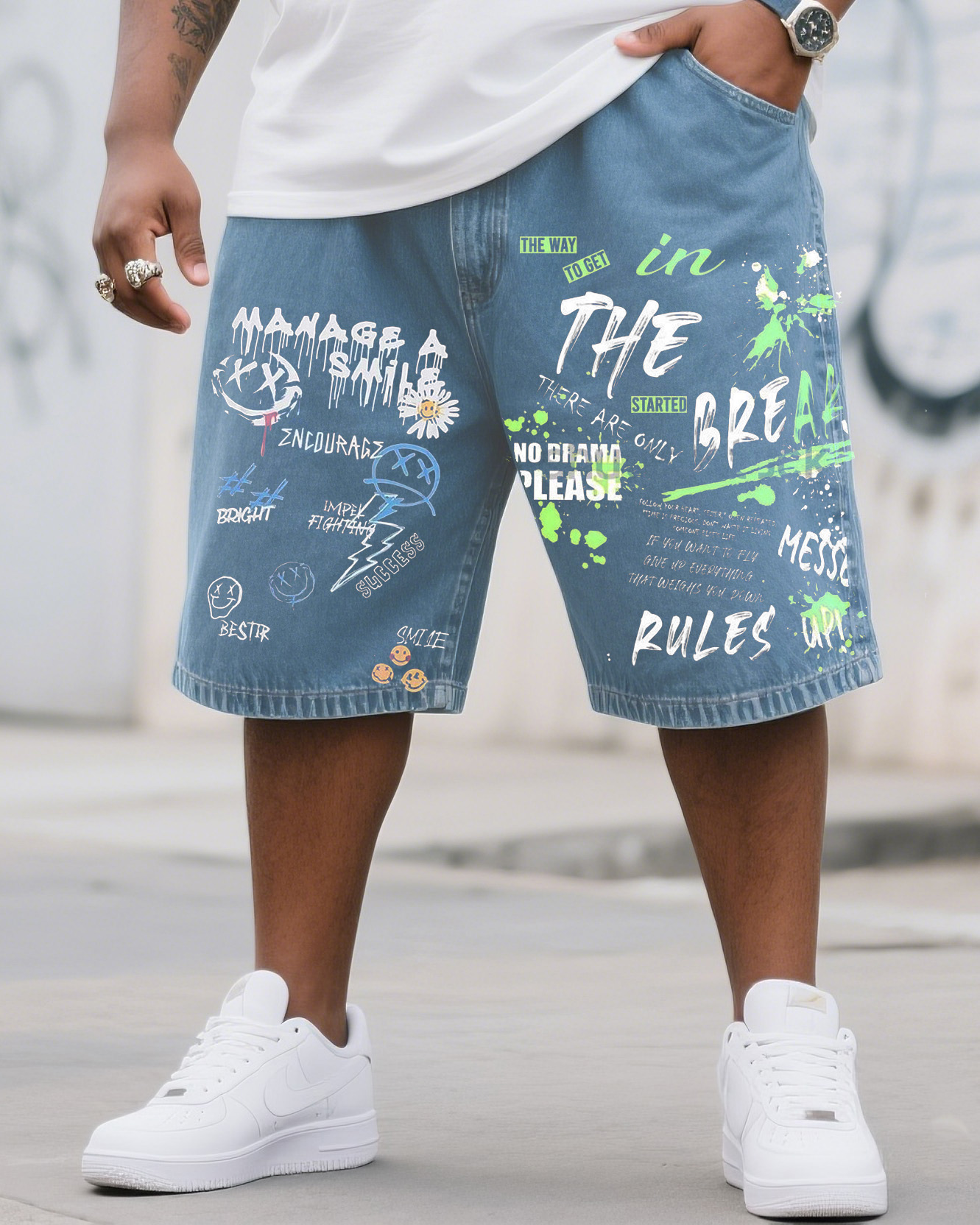 Plus Size Men's Daily Casual Street Graffiti Print Shorts Jeans