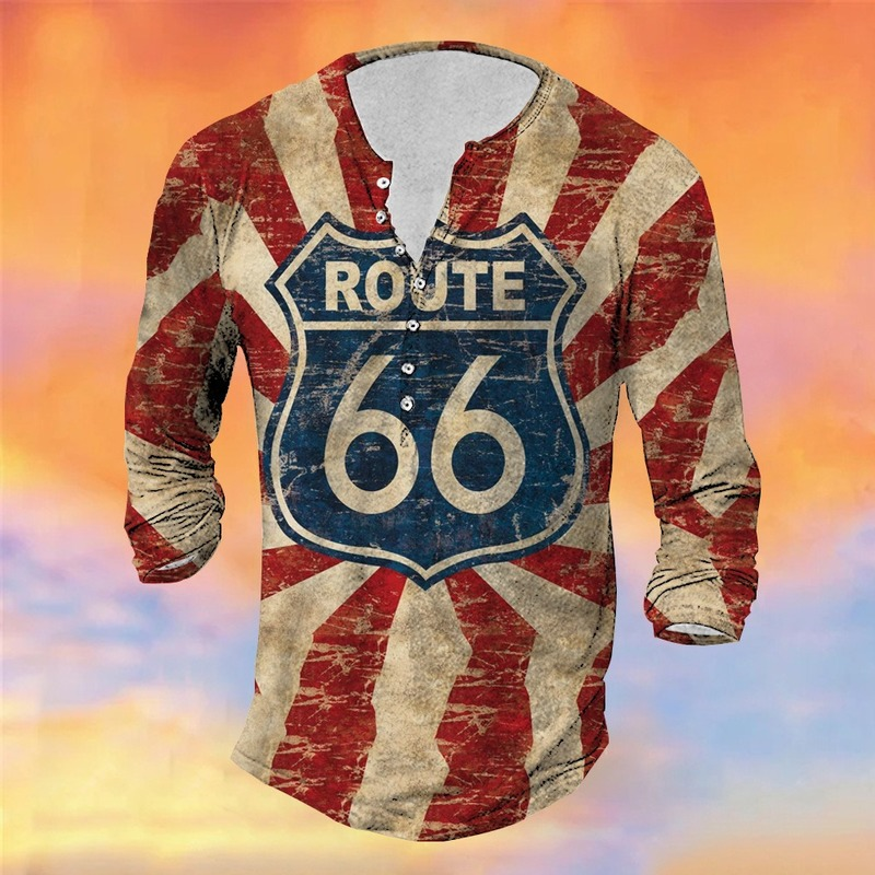 Men's Outdoor 'Route 66' Print Long Sleeve Henley T-shirt