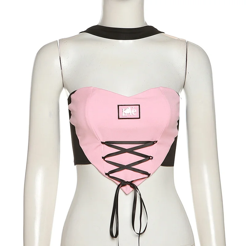 Ueong Ueong Spring / Summer 2023 Women's Hot Girls Slim Fashion Contrast Color Tie Belt Waist Exposed Back Hanging Neck Small Vest