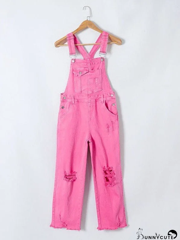 Women'S Stylish Pink Ripped Long Overalls With High-Waisted Wide Leg Pants