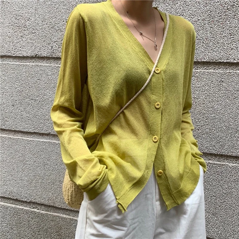 Cardigan Women Korean Long Sleeve Cardigan Summer Cropped Cardigan Knitted V neck Thin Ice Silk Sweaters Sunscreen Shirt Tops