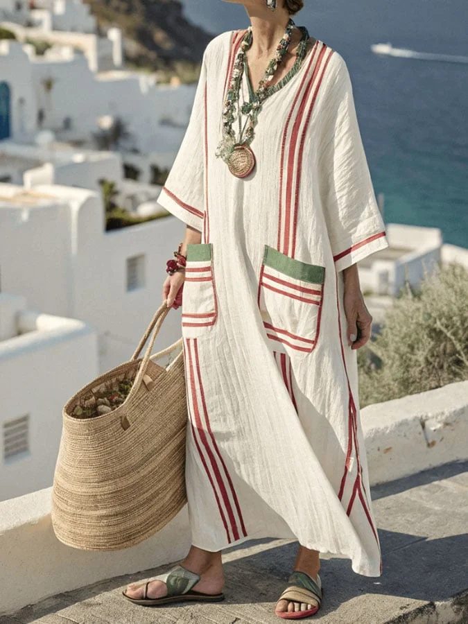 Women'S Casual Cotton And Linen Contrast Striped Loose Dress 
