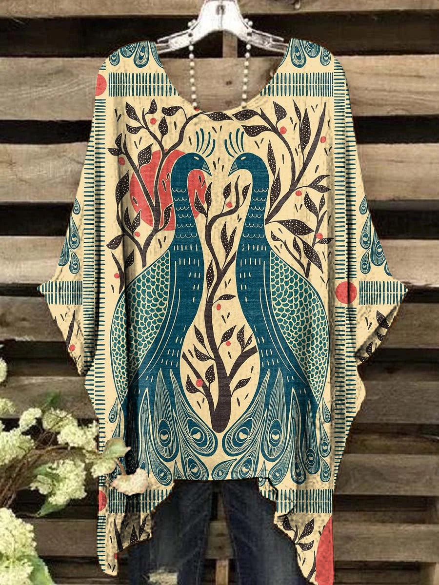 Women's Vintage Peacock Pattern Crew Neck T-Shirt