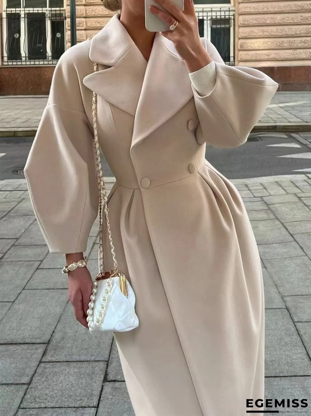 Vintage Lantern Sleeves Solid Color Lapel Long Coat | EGEMISS