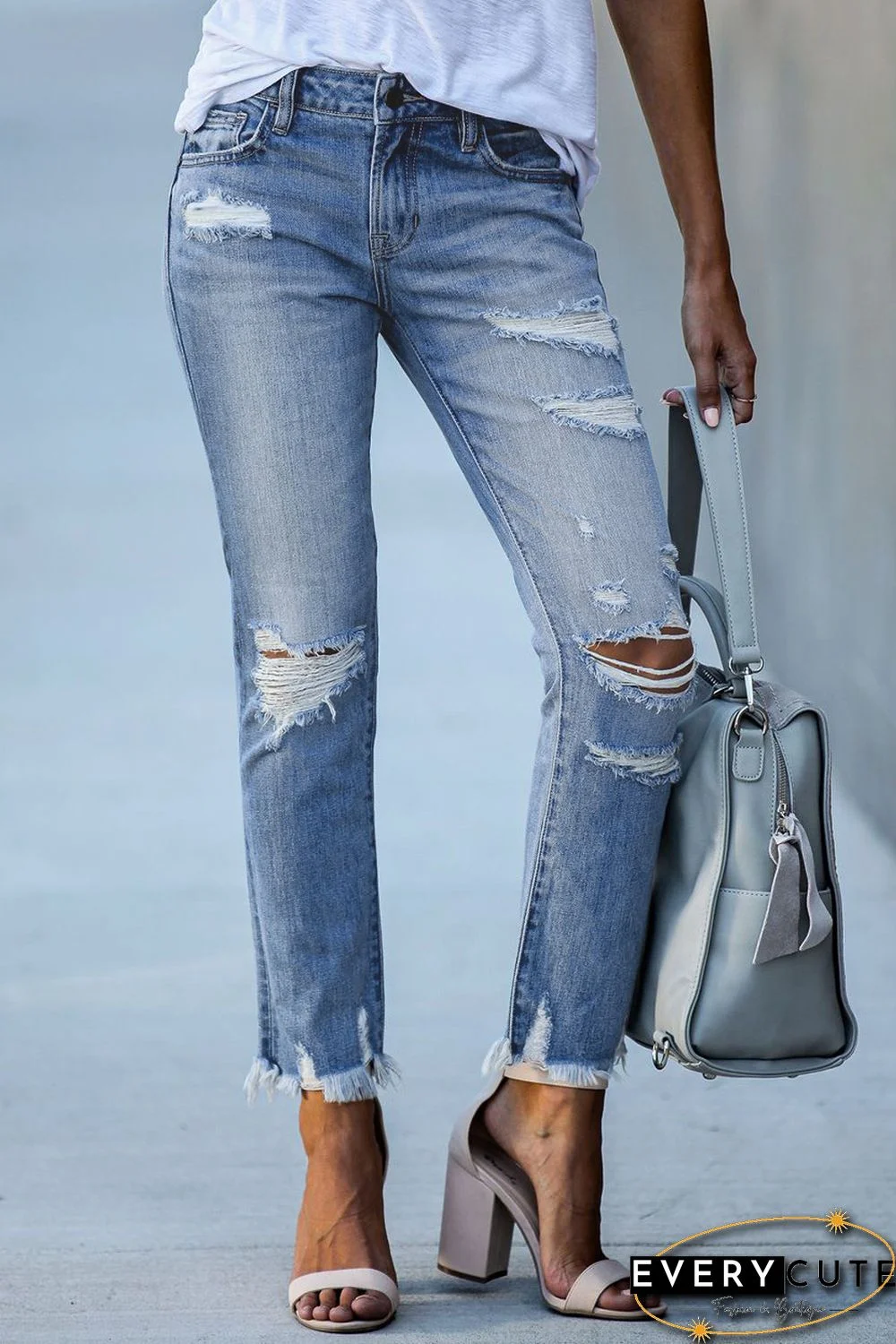 Light Blue Distressed Boyfriend Denim Pants