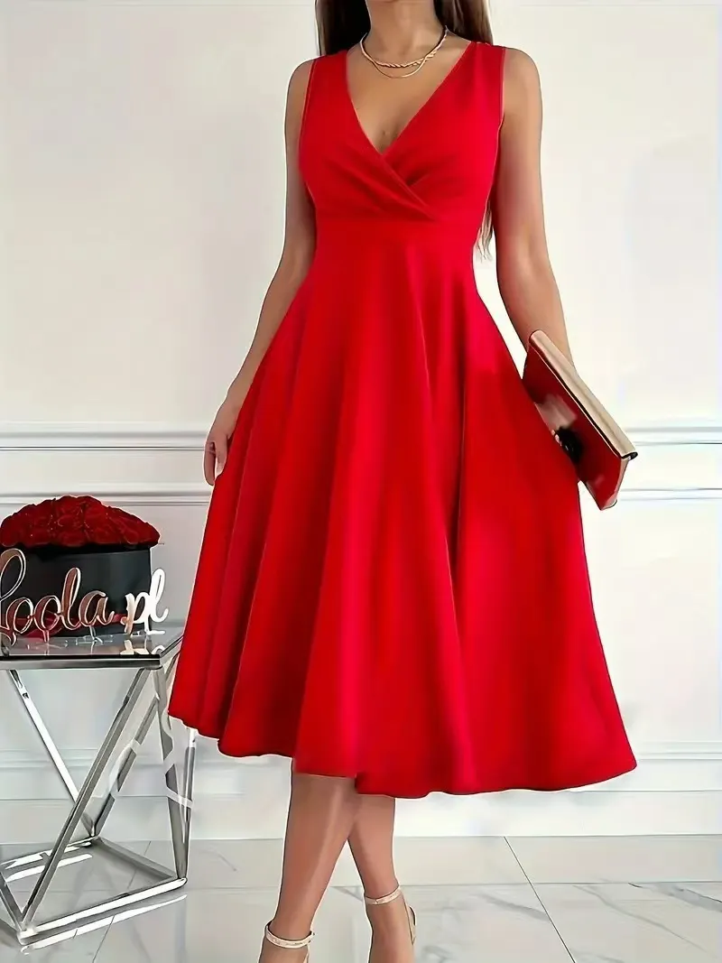 Women's Sleeveless V-Neck A-Line Midi Dress