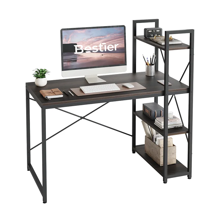 Bestier 47 Inch Computer Desk with Adjustable Shelves, Simple Writing Desk with Reversible Bookshelf and Metal Legs for Home Office and Studio, Dark Walnut