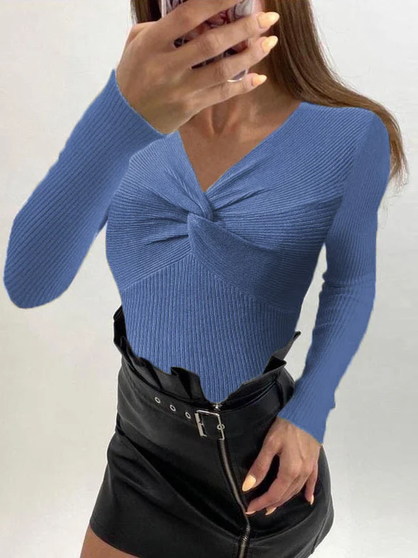 Women Long Sleeve V-neck Solid Knit Sweater Top
