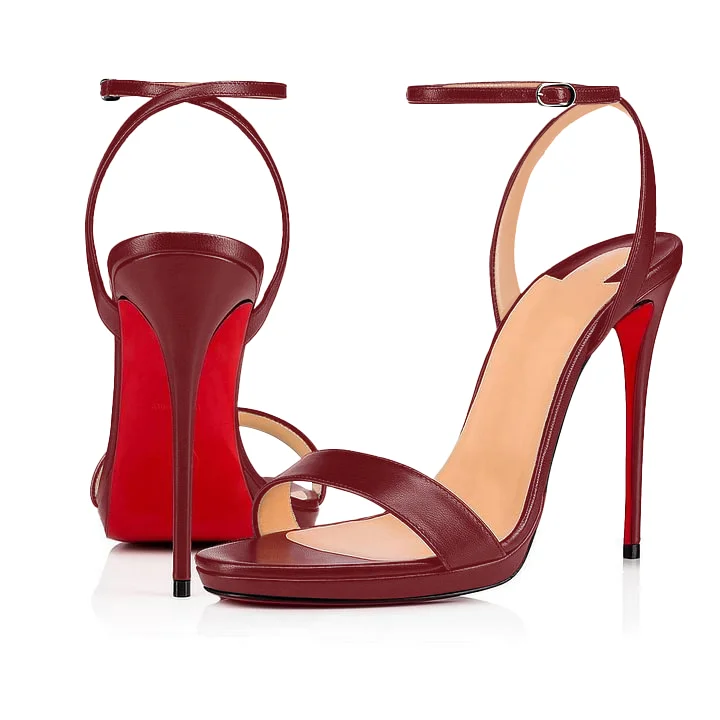 100mm/120mm Women's Low  Platform Sandals Round Open Toe Red Bottom Ankle Straps Matte Pumps-MERUMOTE