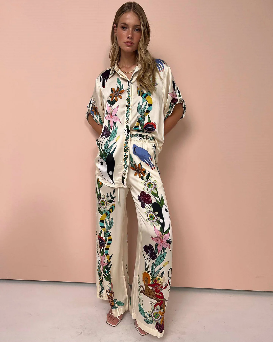 Yellow Casual Print Patchwork Buckle Turndown Collar Long Sleeve Two Pieces | EGEMISS