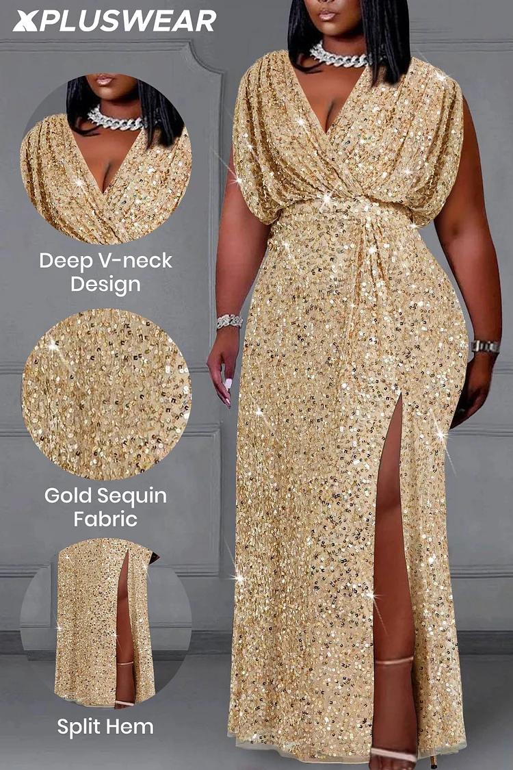Xpluswear Design Plus Size Formal Gold V Neck Split Sequin Maxi Dresses