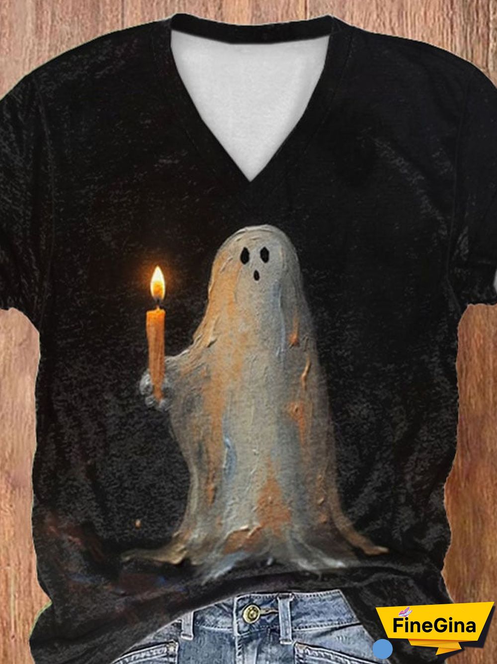 V-neck Retro Ghost Painting Candle Print T-Shirt