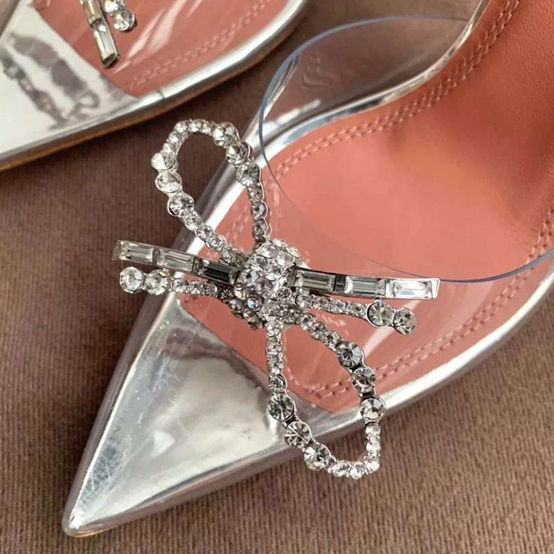 2021 Summer New Bow Sandals Women's Crystal Transparent Rhinestone High Heels Stiletto Heel