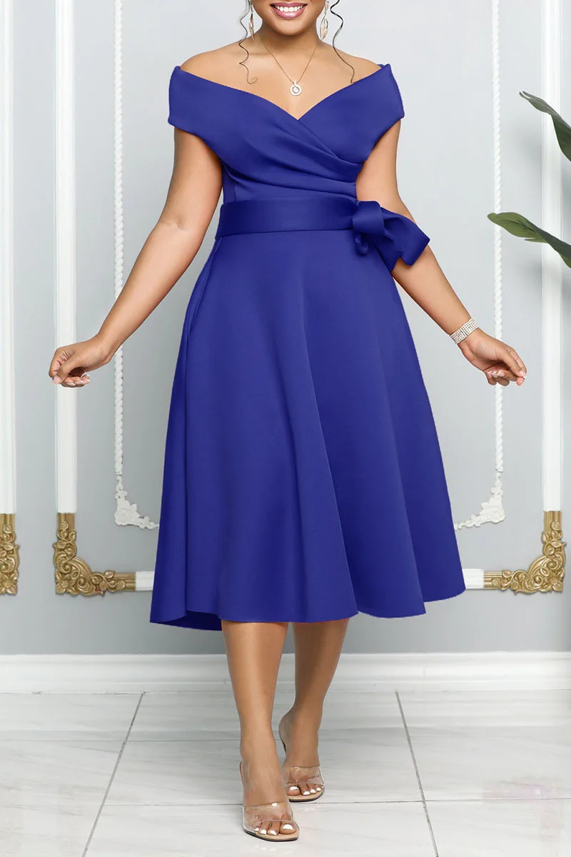 Blue Elegant Solid Patchwork Off the Shoulder A Line Dresses | EGEMISS