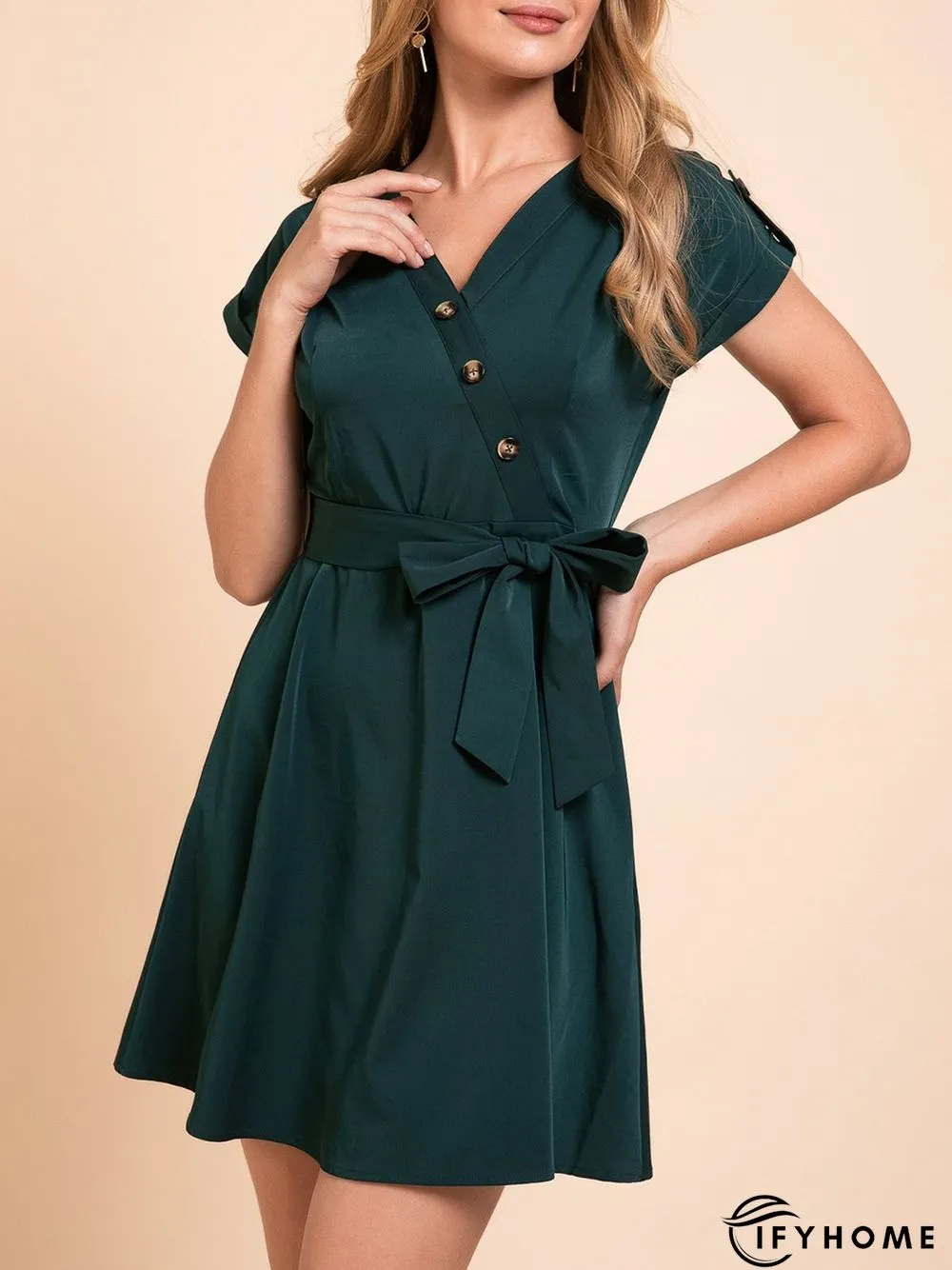 Green Tc V Neck Casual Plain Weaving Dress | IFYHOME