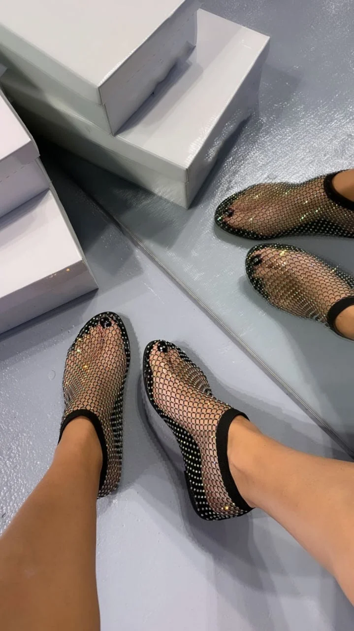 Women's Shiny Gem Mesh Flats | Fashion Diamond Fishnet Slip-On Shoes With Elastic Ankle