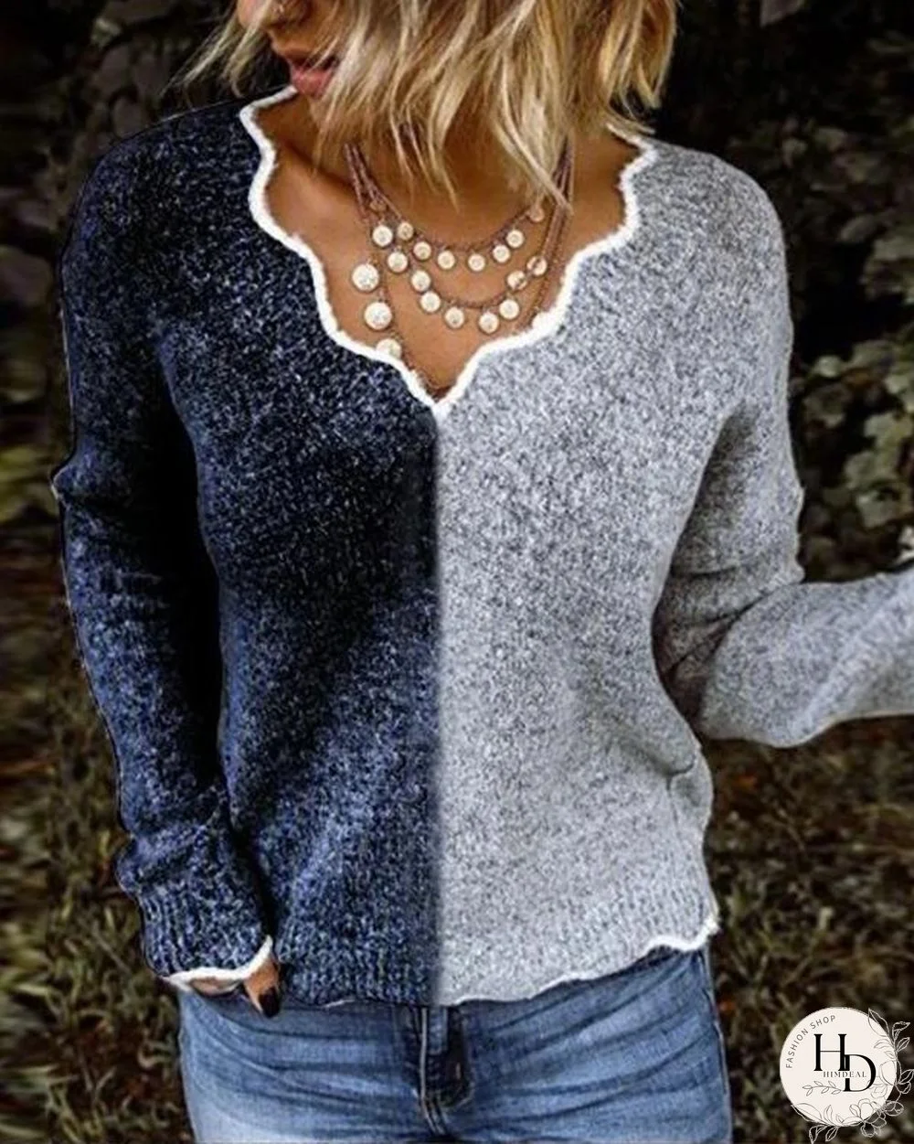 Women Exotic V Neck Long Sleeve Sweater