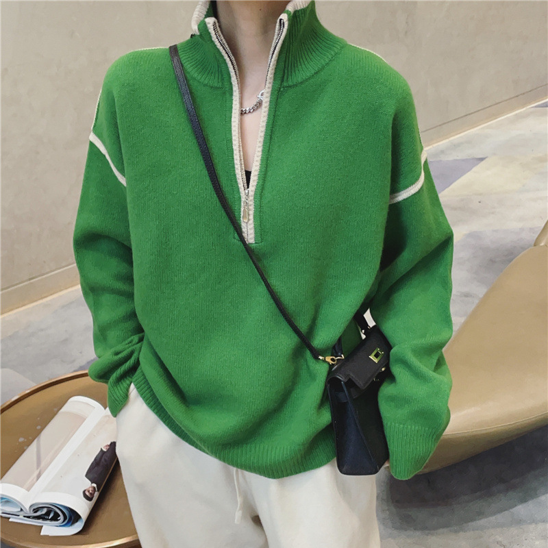 Stand Collar Zip Colorblock Loose Fashion Sweater