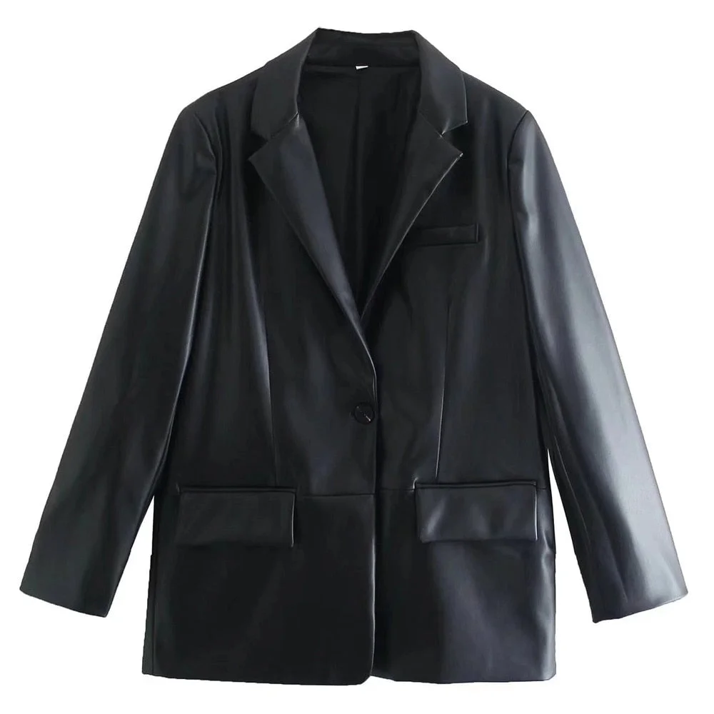 TRAF Women Fashion Front Button Faux Leather Blazer Coat Vintage Long Sleeve Flap Pockets Female Outerwear Chic Veste Femme