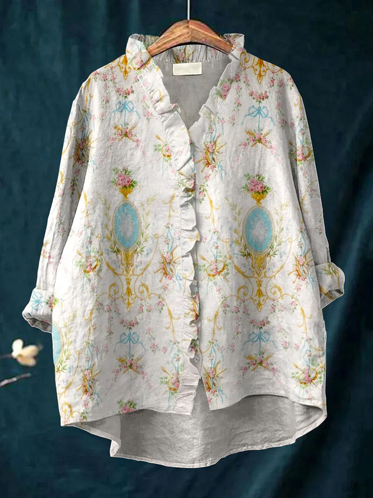 Women's Vintage Flower Art Print Casual Cotton And Linen Ruffle Shirt