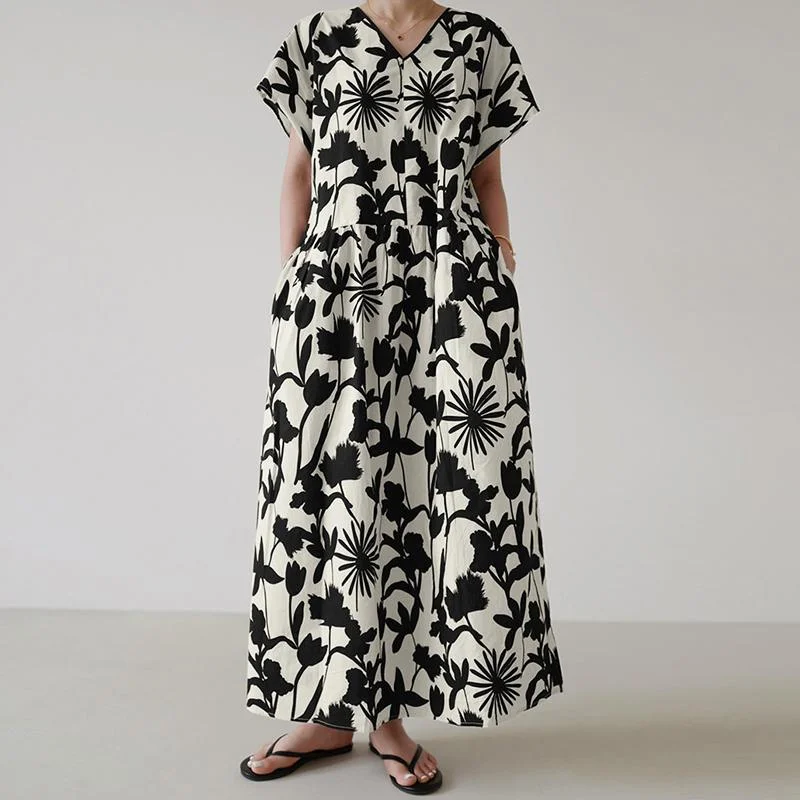 ZANZEA 2022 Kaftan Summer Maxi Dress Women's Printed Sundress Casual Short Sleeve Maxi Vestidos Female V Neck Robe Oversized