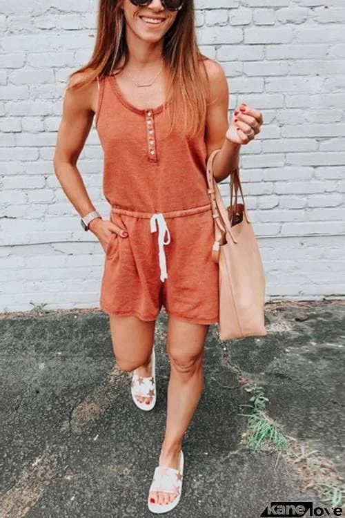 Button U Neck Pockets Romper