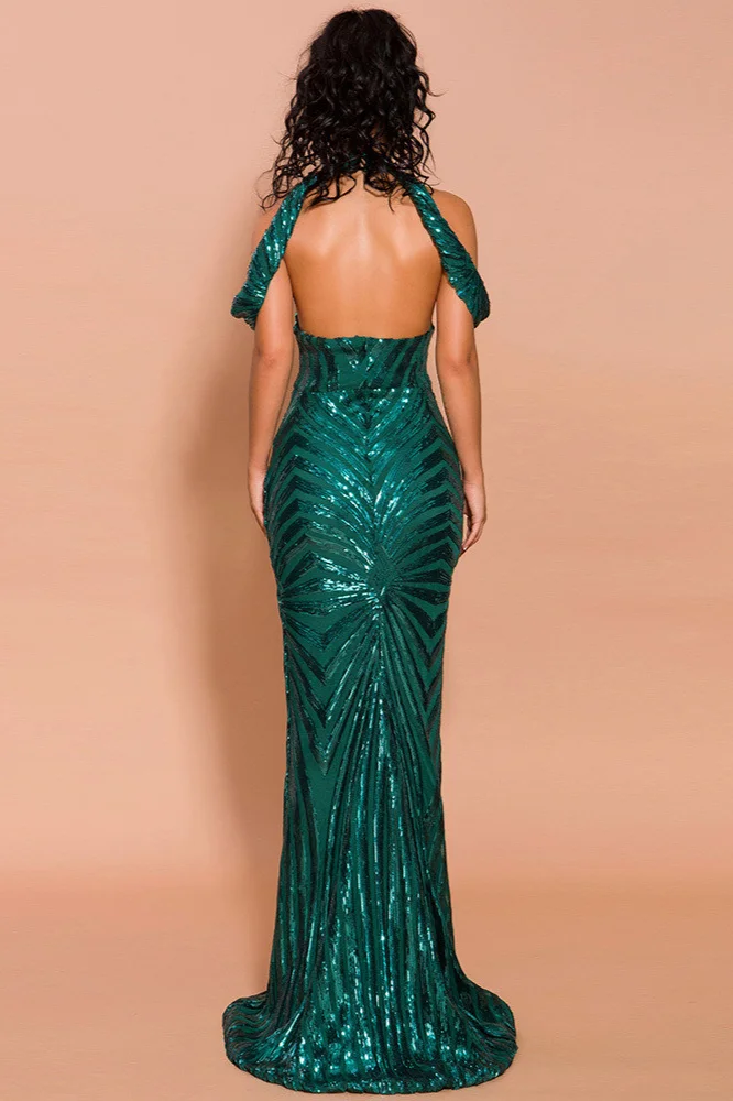 Green Sequins Halter Prom Dress Mermaid Long Evening Party Gowns 7906