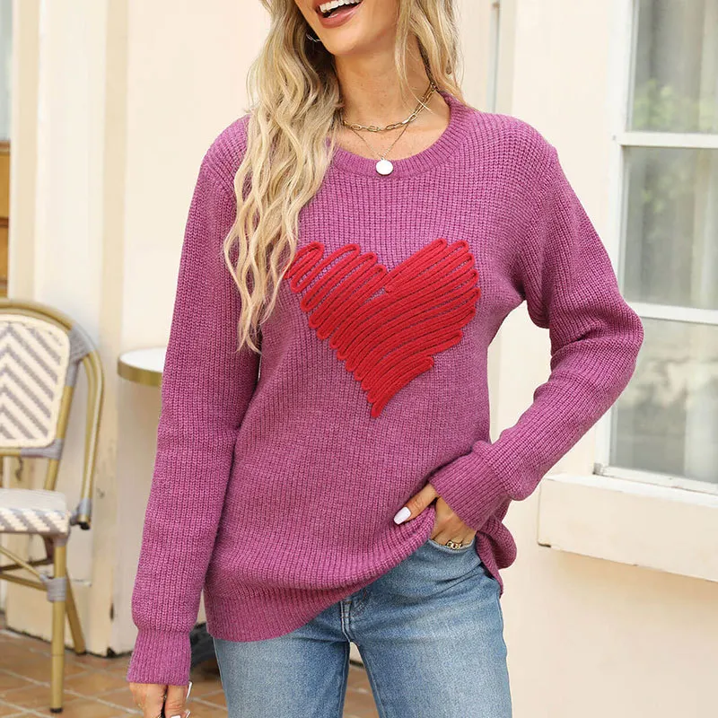 Athvotar Athvotar Autumn And Winter Loose Love Embroidery Round Collar Long-Sleeved Knitted Sweater Woman