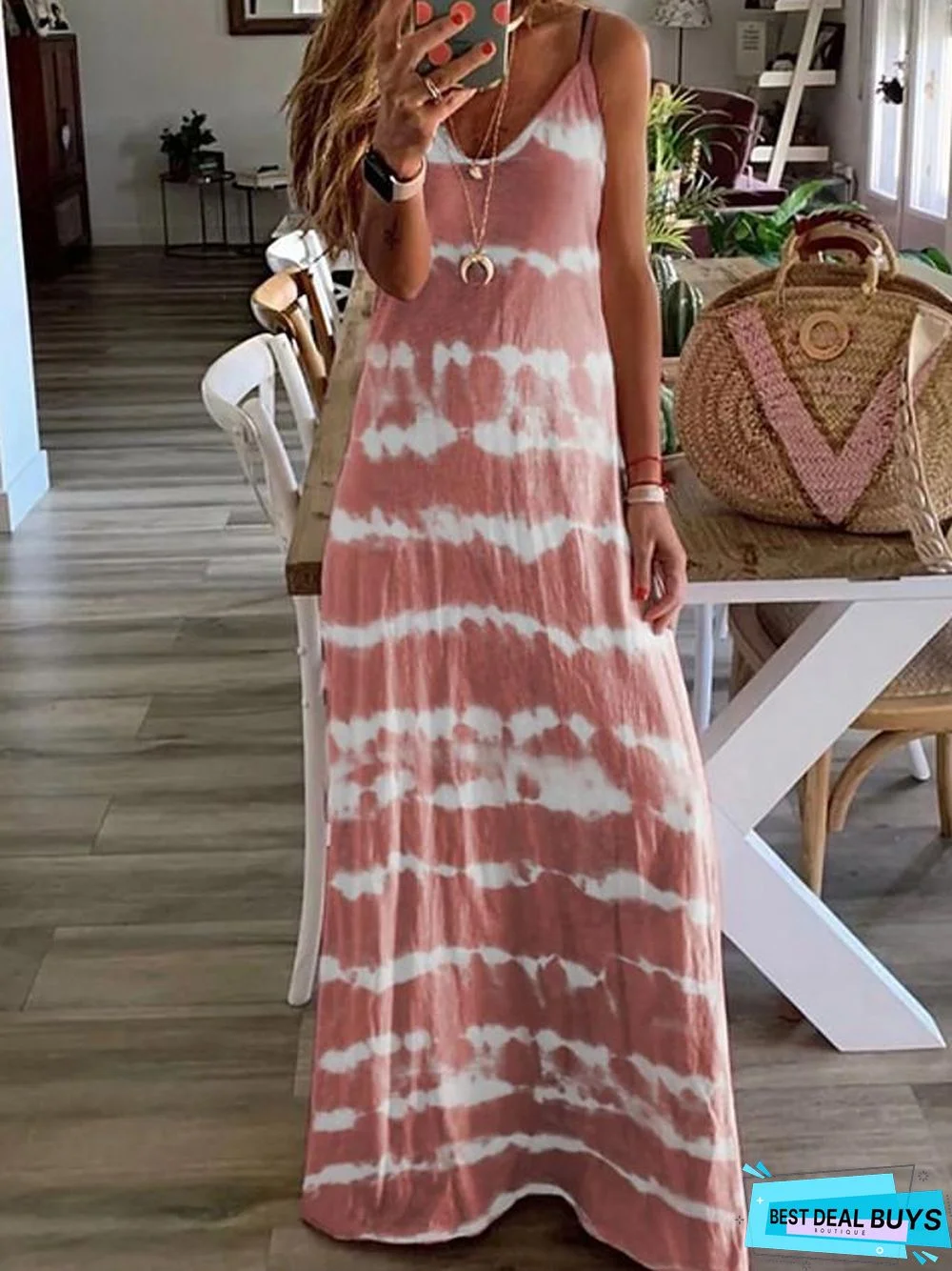 Women's Strap Dress Maxi Long Dress - Sleeveless Tie Dye Summer Hot Casual Beach Blue Purple Blushing Pink Wine Khaki Gray Light Blue