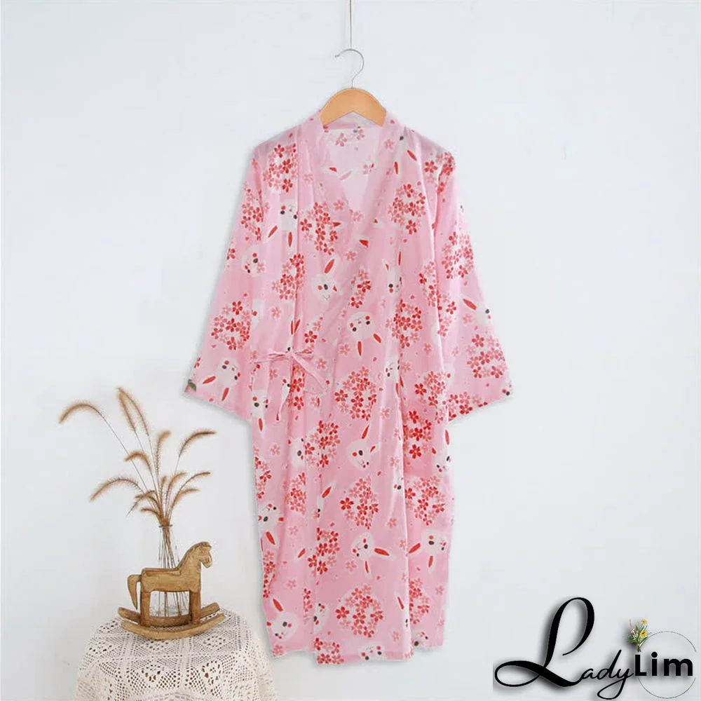 Cartoon Bunny Sakura Print V-neck Kimono Robes