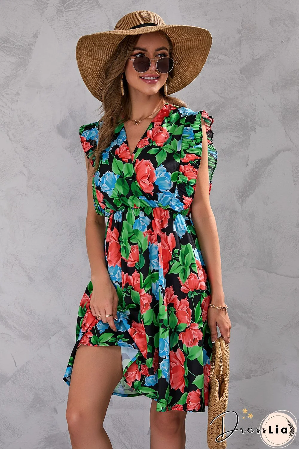 Chic Ruffled Sleeveless Sexy Floral Print Dresses Women Summer Dress New Casual Beach Elegant V-Neck High Waist Mini Dress