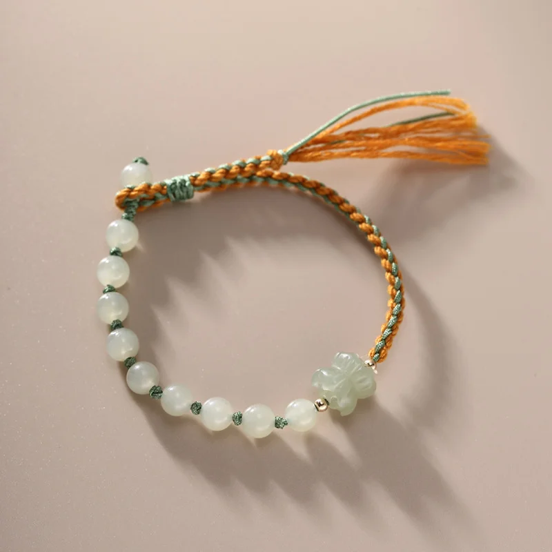 925 Sterling Silver Hetian Jade Lotus Rope Protection Luck Charm Braid Bracelet