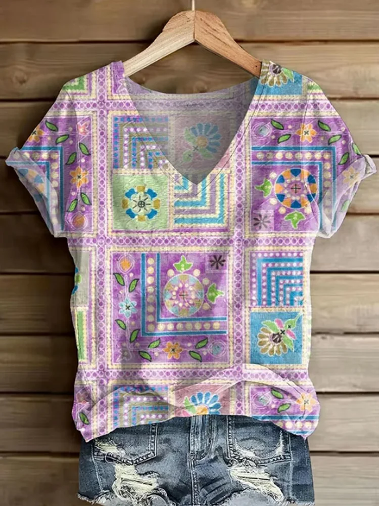 VChics Women's Casual Vintage Floral Pattern T-shirt
