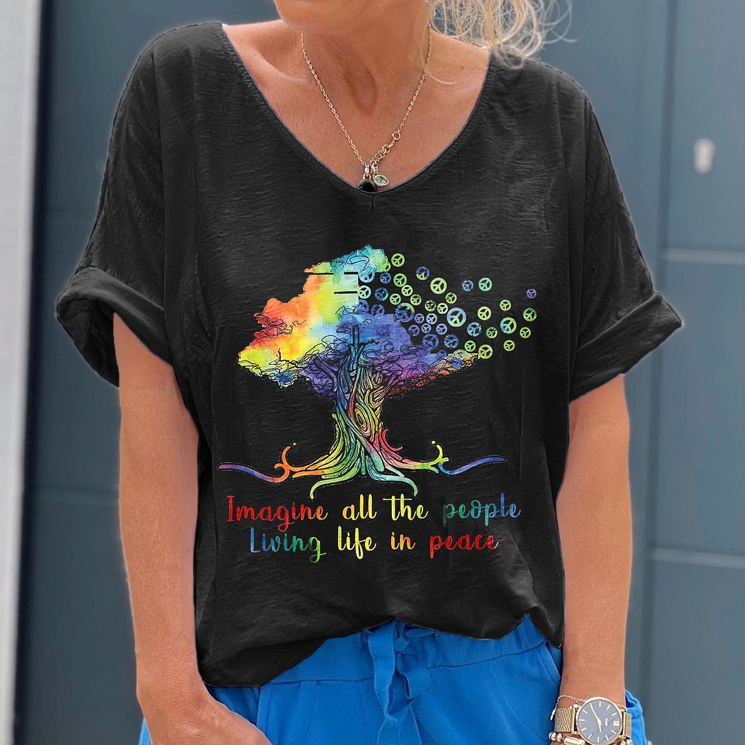 Oversized Imagine All The People Living Life In Peace Printed Tree Graphic Tees
