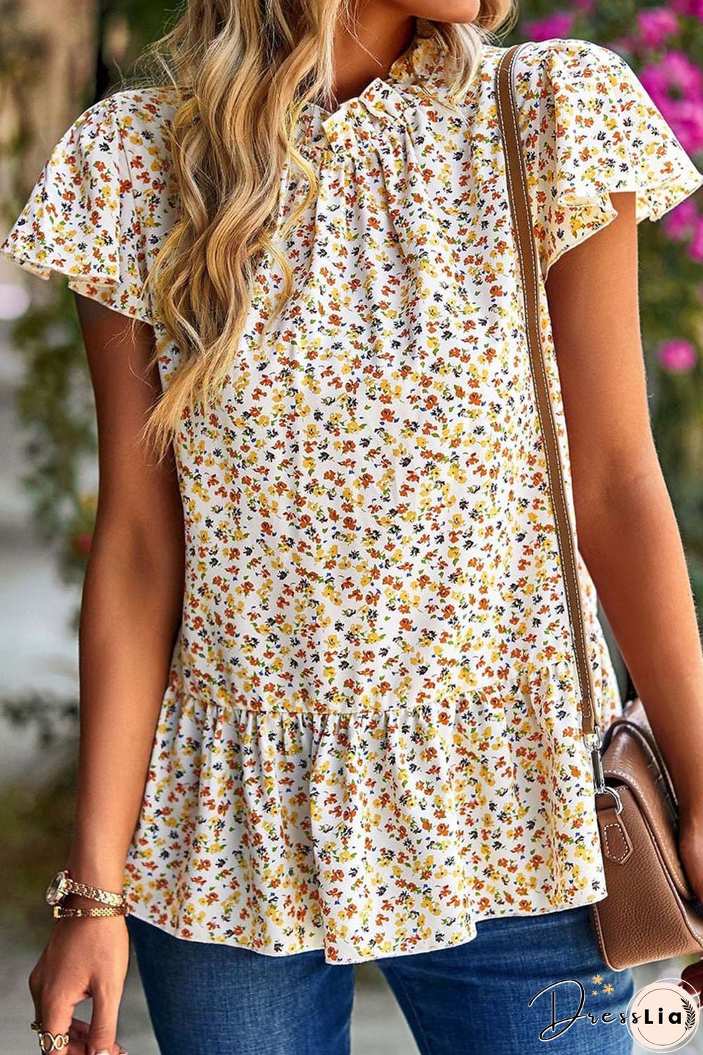 Boho Chic Beige Floral Ruffle Trim Short Sleeve Top