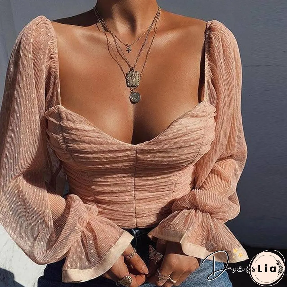 Sexy Polka Dots Crop Tops Women Low Cut Backless See Through Short Chiffon Mesh Shirt
