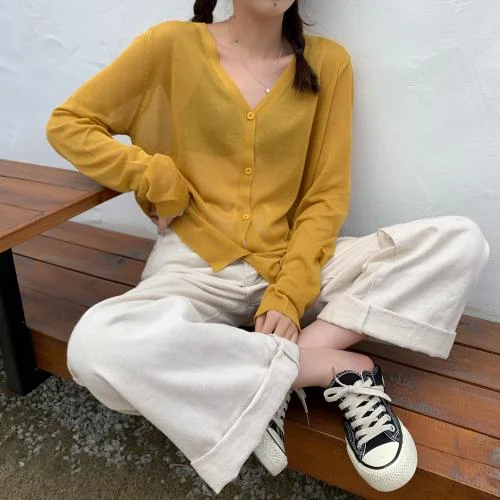 Cardigan Women Korean Long Sleeve Cardigan Summer Cropped Cardigan Knitted V Neck Thin Ice Silk Blouse Sunscreen Shirt 13482