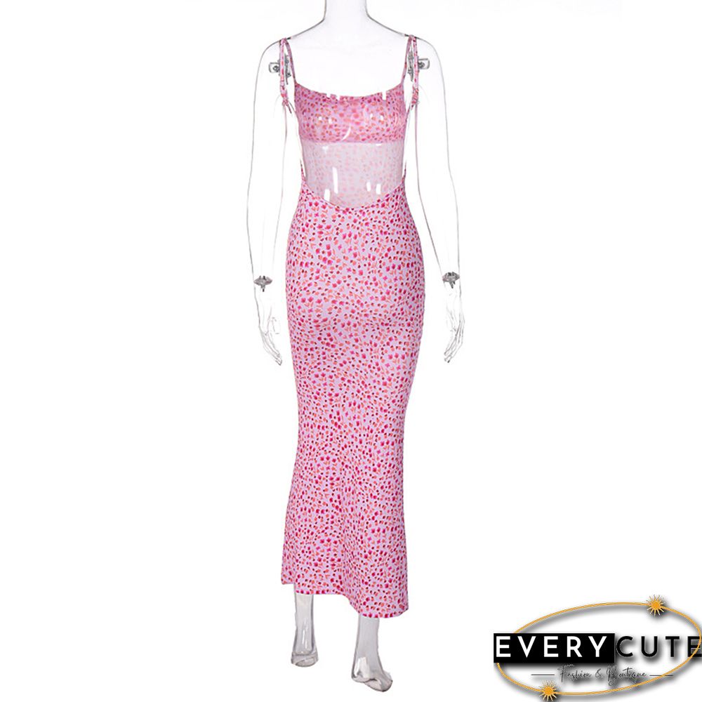 Pink Backless Spaghetti Straps Floral Dress