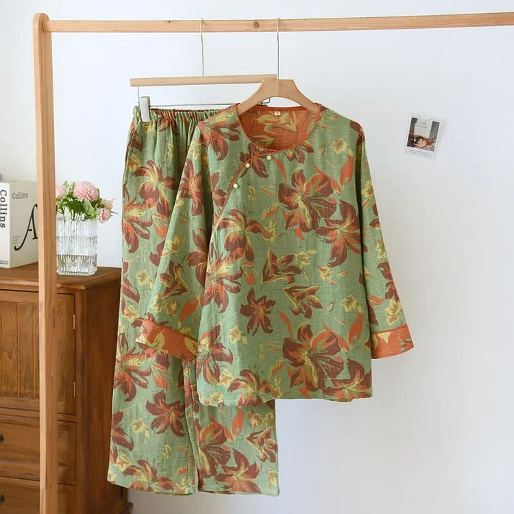 Cotton Gauze Jacquard Rhododendron Pajama Set Radinnoo.com