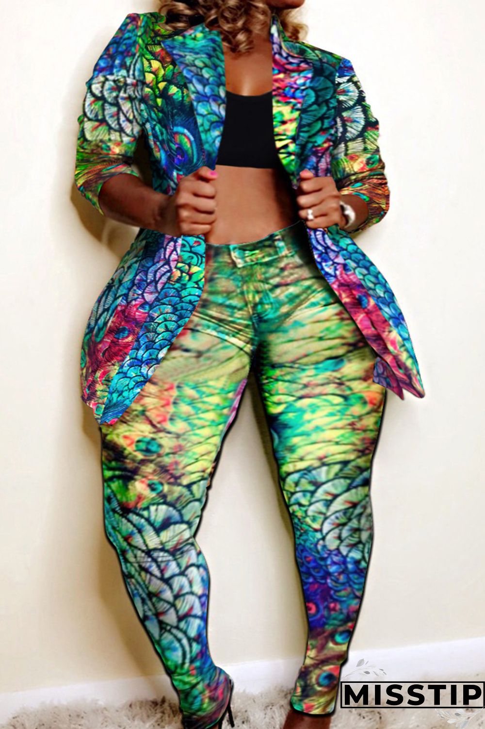 Leopard Print Fashion Casual Print Cardigan Pants Turndown Collar Plus Size Two Pieces