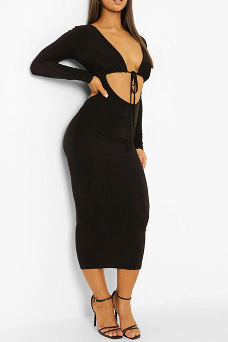 Sexy Solid Hollowed Out Split Joint Frenulum U Neck Pencil Skirt Dresses