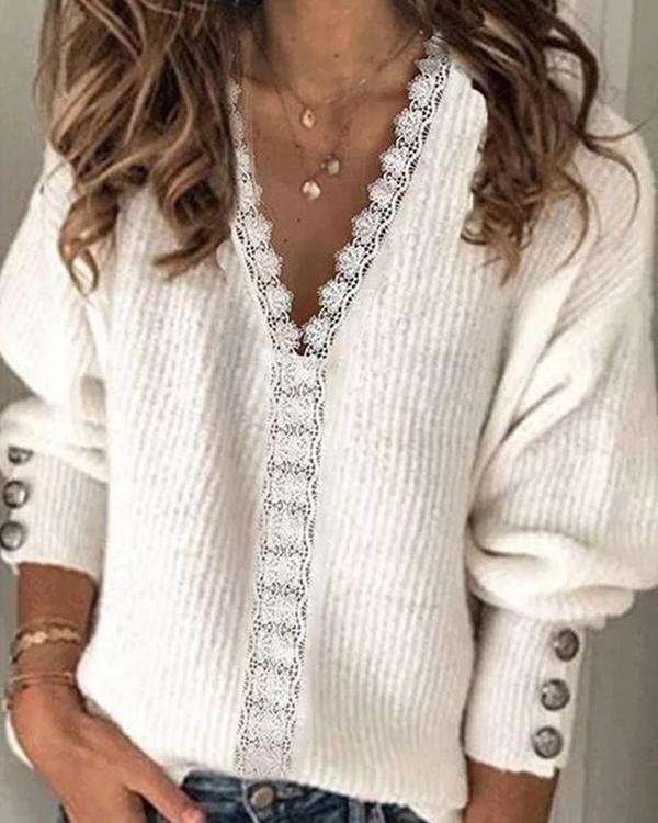Solid Lace V-Neck Casual Sweaters - Chicaggo