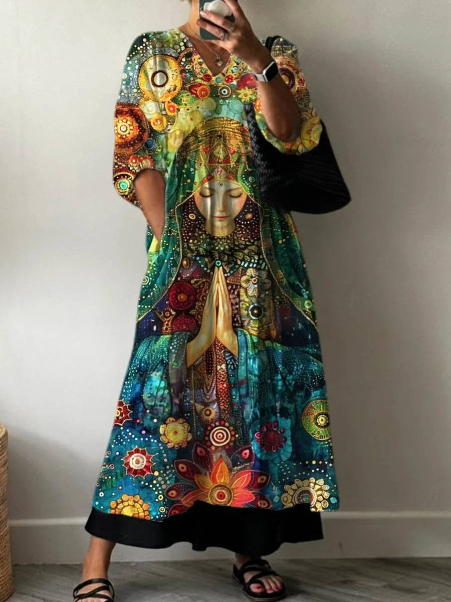 Women's Vintage Beautiful Mother Painting Art Print Pocket V-neck Cotton Dress
